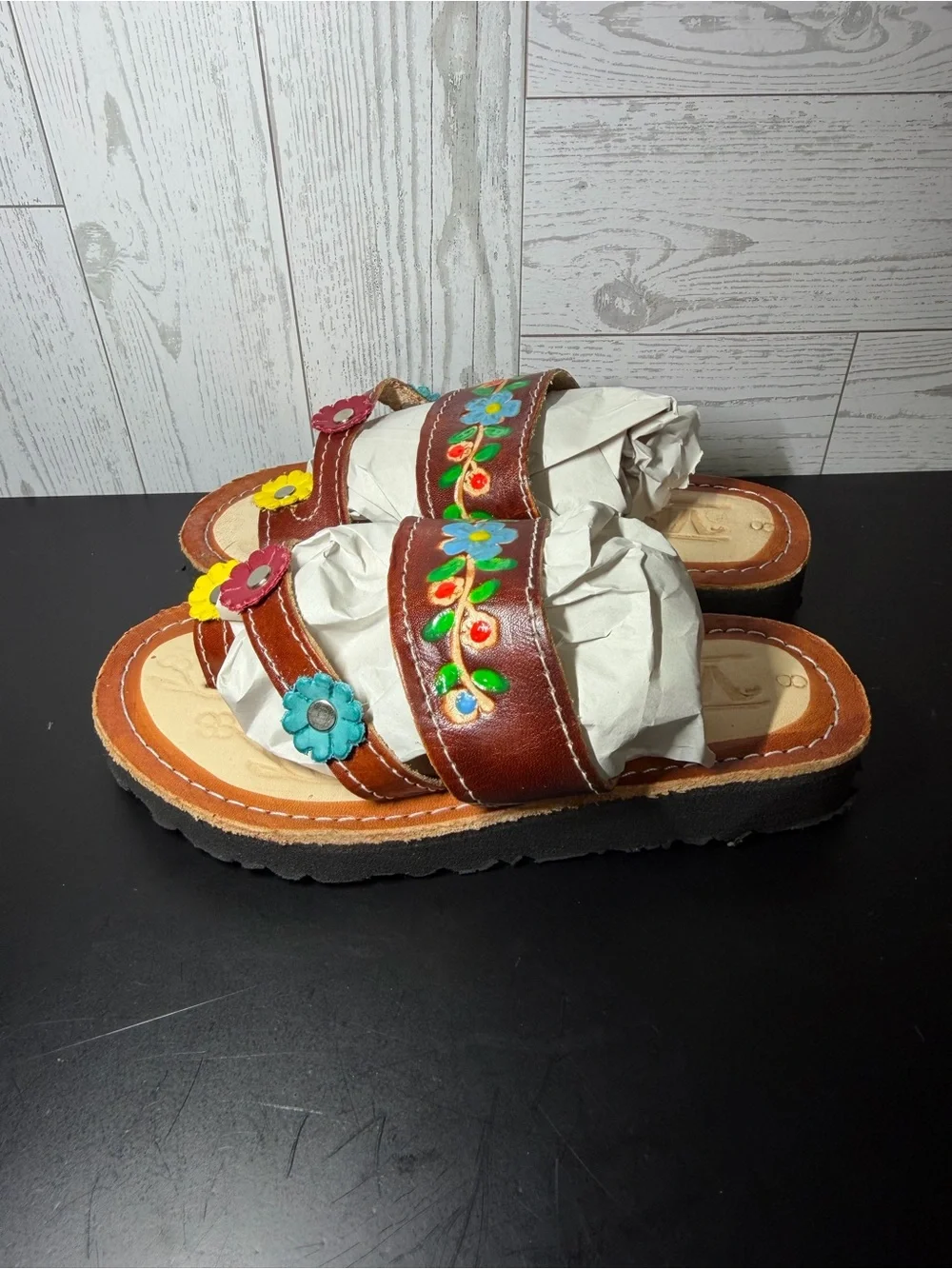 Kids Brown Leather Floral Sandals Size 8 Hand Painted Boho Slip On
